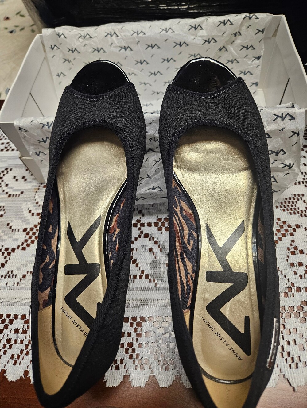 NIB Anne Klein Sport Camrynne Black Peep Toe Wedge Shoes - Size 8M